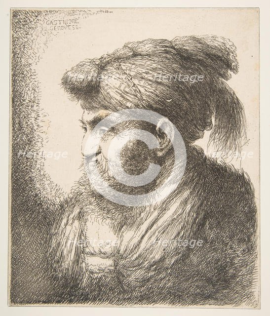 Man weraing a turban facing left, from the series of 'Large Oriental Heads', ca. 1645-50. Creator: Giovanni Benedetto Castiglione.