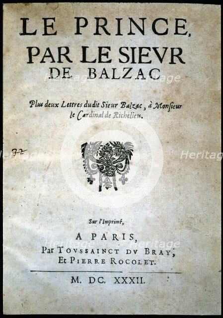 'Le Prince, par le sieur' cover of this 1632 work. Creator: Balzac, Jean Louis Guez de (1597 - 1654).