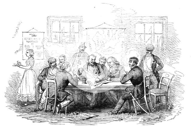 Discussing the War, in a Coffee-House, at Copenhagen - sketched by E.T. Dolby, 1854. Creator: W Thomas.