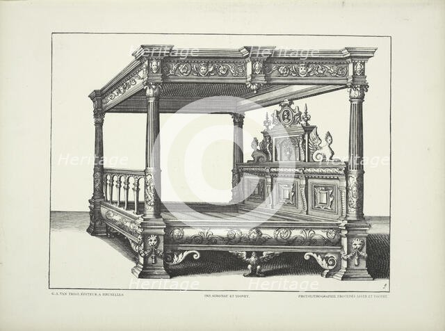 Design for four-poster bed with two carved sphinxes on headboard, c1869. Creator: Unknown.