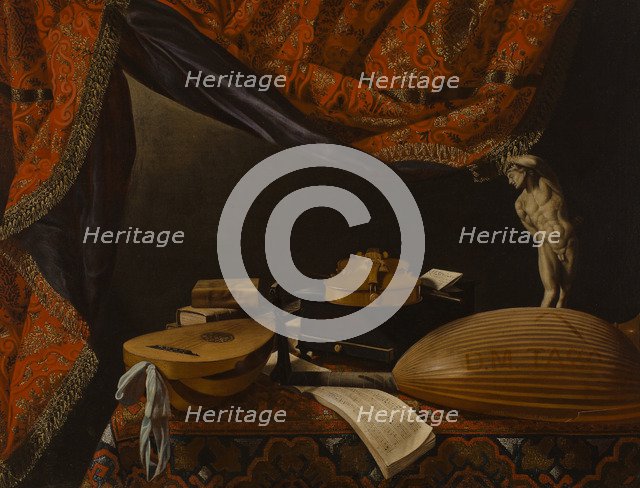 Still life with Musical Instruments, Books and Sculpture, c. 1650. Artist: Baschenis, Evaristo (1617-1677)