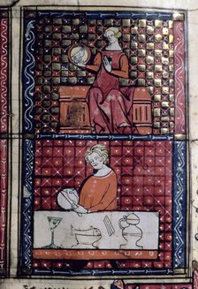 Lady sitting with a dove (1st Quarter) and man cutting bread on a table (3rd quarter). Miniature …