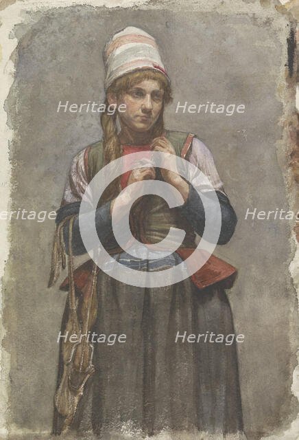 Standing girl in traditional costume with skates, 1874-1925. Creator: Jan Veth.