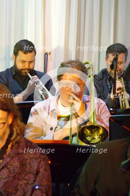 Harry Maund, Stan Sulzmann’s Neon Orchestra, Watermill Jazz Club, Dorking, Surrey, Nov 2023. Creator: Brian O'Connor.
