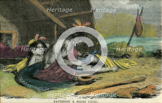 'Tatooing a Maori chief', late 19th century(?). Artist: Unknown