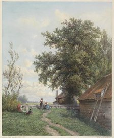 Farmyard with some figures, a shed and large tree on the right, 1839-1904. Creator: Hendrik Dirk Kruseman van Elten.