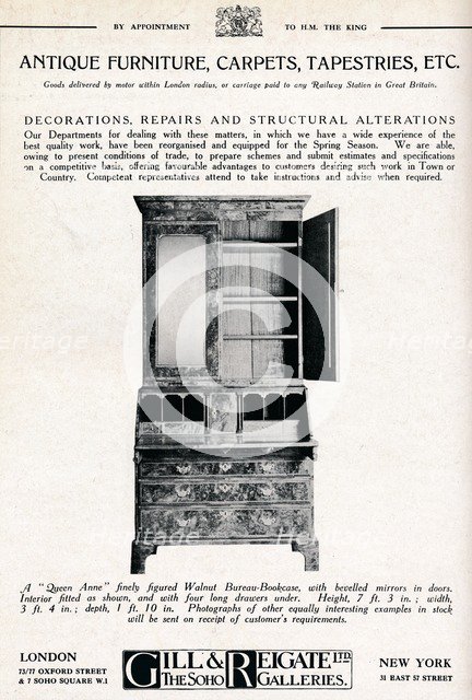 'Antique furniture, carpets, tapestries etc', 1921. Artist: Unknown.