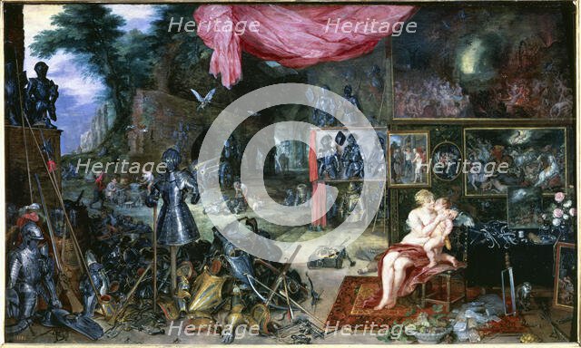 The touch'. Venus and Cupid kissing in a room full of armour, 17th century. Creator: Brueghel de Velours, Jan (1568 - 1625).