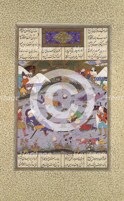 Giv Avenges Bahram by Slaying Tazhav, Folio 248r from the Shahnama (Book..., ca. 1525-30. Creator: Qadimi.