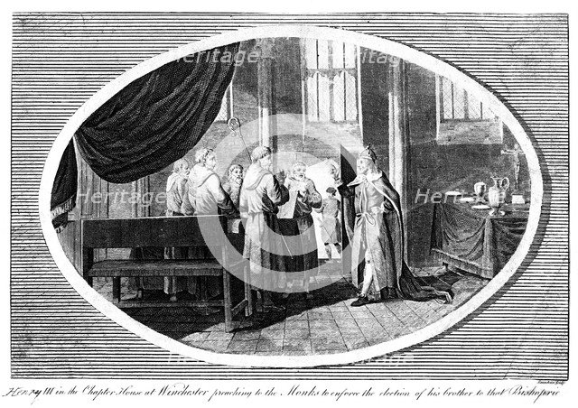 King Henry III (1207-1272) in the Chapter House at Winchester preaching to the monks, 19th century.Artist: Saunders