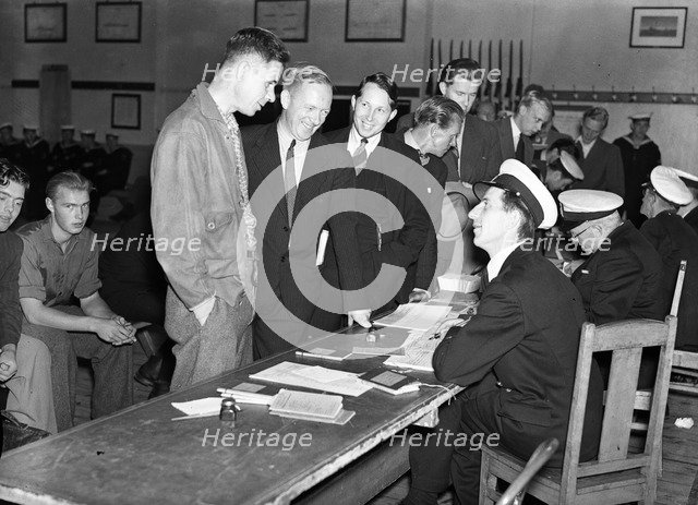 Young men enrolling for compulsory military service, Skepsholmen, Stockholm, 8th September 1939. Artist: Karl Sandels