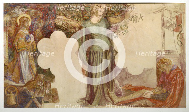 Sir Lancelot's Vision of the Sanc Grael: Study for the Fresco painting in the Oxford Student Union,  Artist: Dante Gabriel Rossetti.