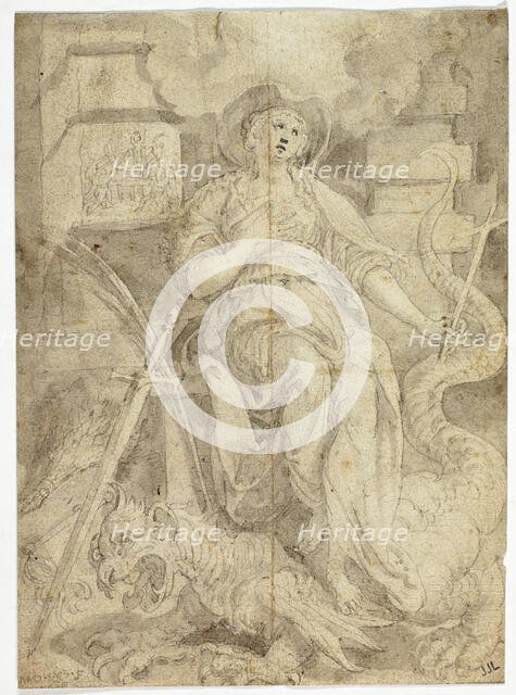 Female Figure Standing on a Dragon, n.d. Creator: Martin de Vos.