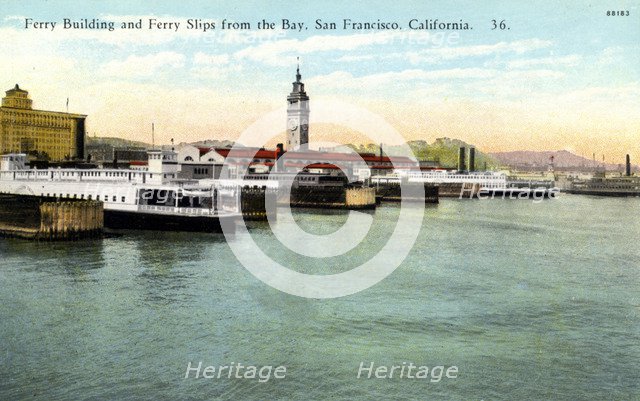 Ferry Building and ferry slips on San Francisco Bay, California, USA, 1922. Artist: Unknown