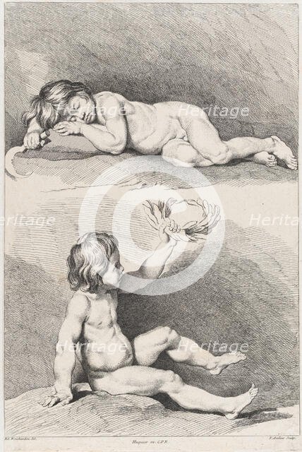 Two nude children, one sleeping and the other holding a wreath, from New Book of Childr..., 1720-60. Creator: Pierre Alexandre Aveline.