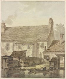 Row of houses by the water, two boats with a fisherman in front. Creator: Johannes H. Knoop.