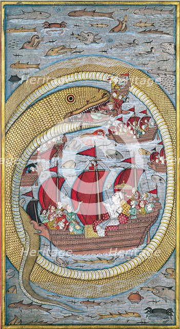 Sea serpent swallows the royal fleet, 1670. Artist: Indian Art  