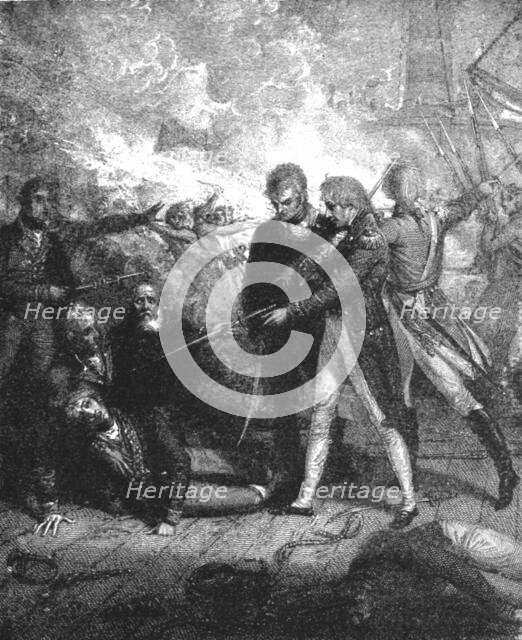 ''The Victory off Cape St. Vincent, February 14, 1797, Nelson Carrying the "San Josef"..., 1891. Creator: Richard Westall.