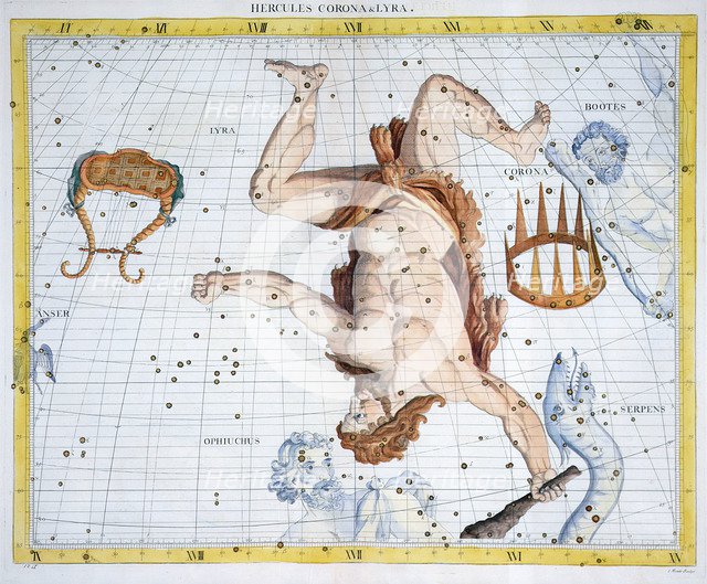 Constellations of Hercules, Corona and Lyra, 1729. Artist: Unknown
