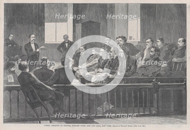 Jurors Listening to Counsel, Supreme Court, New York City Hall, New York (Har..., February 20, 1869. Creator: Unknown.