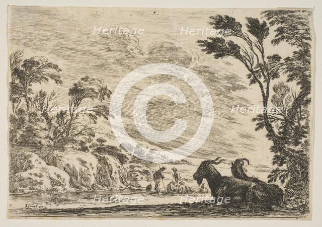 Plate 9: Two goats resting to right, turned towards the left, four men and a horse in a ri..., 1642. Creator: Stefano della Bella.