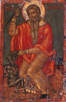 Saint Charalambos with Devil. Artist: Greek icon 