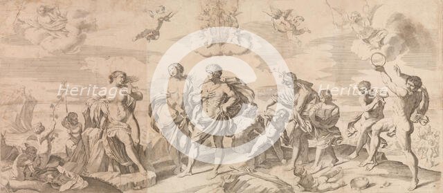 Bacchus with his companions discovering Ariadne on the island of Naxos, after Reni, 165..., 1650-80. Creator: Gian Battista Bolognini.