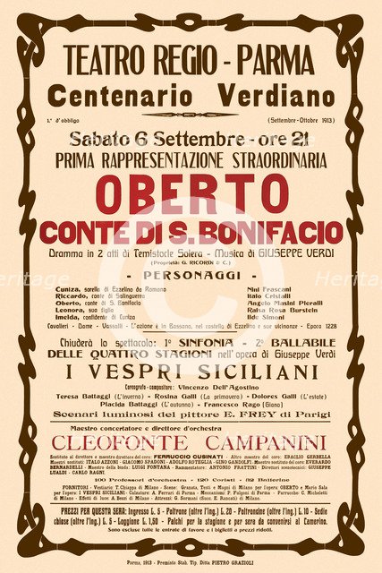 Poster for the opera Oberto conte di San Bonifacio by Giuseppe Verdi in Teatro Regio di Parma, 1913.