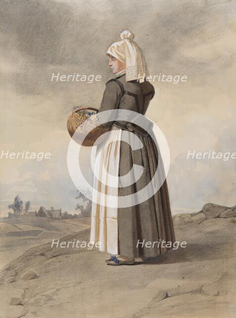 Apparel - woman in costume in full-length oblique view from behind in landscape, 1810-1857.  Creator: Otto Wallgren.