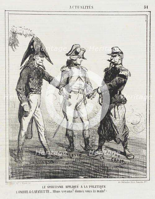 Le Spiritisme appliqué à la politique; L'ombre de La Fayette: Allons, voyons! Donnez vous..., 1866. Creator: Cham.