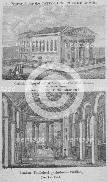 Two views of St Mary's Roman Catholic Church, Moorfields, City of London, 1824. Artist: Anon