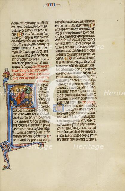 Initial S: A Judge with Two Men Pointing at Two Peacocks; Vidal Mayor, about 1290-1310. Creator: Unknown.