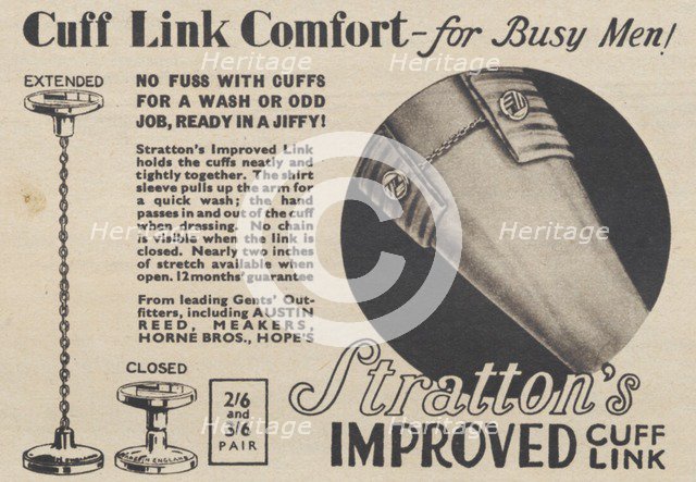 Stratton's Improved Cuff Link, 1937. Artist: Unknown