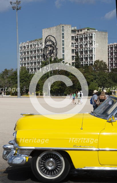 American Cadillac in front of a government building, Plaza de la Revolucion, Havana, Cuba, 2024. Creator: Ethel Davies.