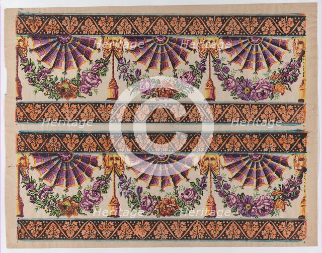Sheet with two borders with three fans and floral garlands, late 18t..., late 18th-mid-19th century. Creator: Anon.