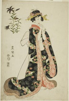 Lilies: young woman holding a letter, from an untitled series of beauties and flowers, 1812. Creator: Utagawa Toyokuni I.
