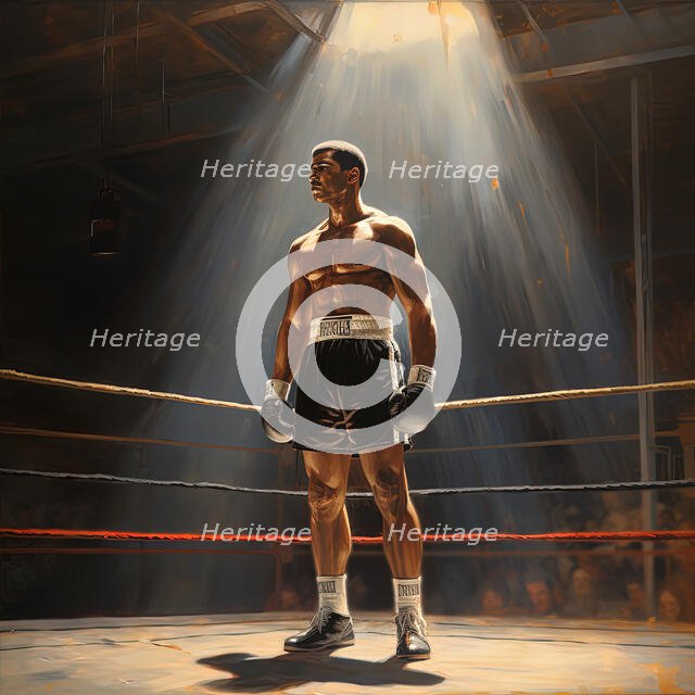 AI IMAGE - Portrait of Muhammad Ali standing in a boxing ring, 1960s, (2023). Creator: Heritage Images.