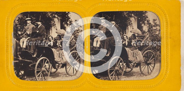Two ladies in horse-drawn coach with two men in top hats as their drivers, November 1864. Creator: LeBas.
