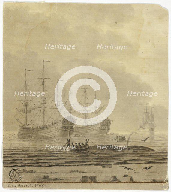 Whaling Ships and Small Boats with Whale, 1769. Creator: Cornelis Ouboter van der Grient.