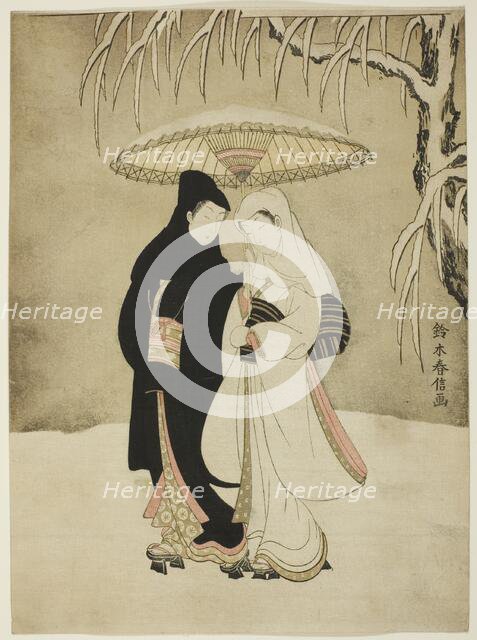 Lovers Beneath an Umbrella in the Snow, c. 1767. Creator: Suzuki Harunobu.