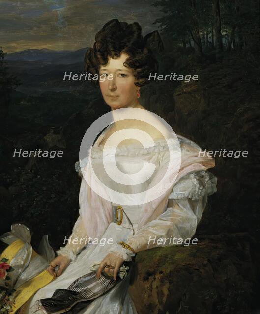 Lady in a white dress in front of a Vienna Woods landscape, 1829. Creator: Ferdinand Georg Waldmuller.