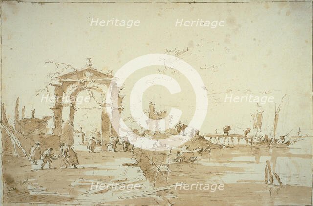 Gateway Near a Landing Bridge, 1780/85. Creator: Francesco Guardi.