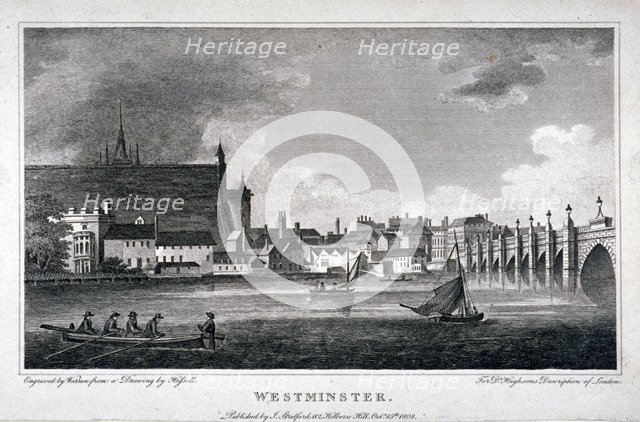 View of the River Thames, Westminster Bridge and the Palace of Westminster, London, 1808. Artist: AW Warren
