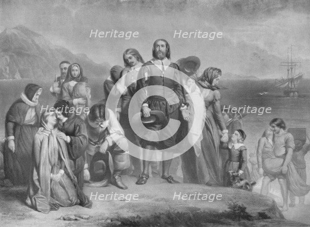 'The Landing of the Pilgrim Fathers', c1848, (1911). Artist: Charles Lucy.
