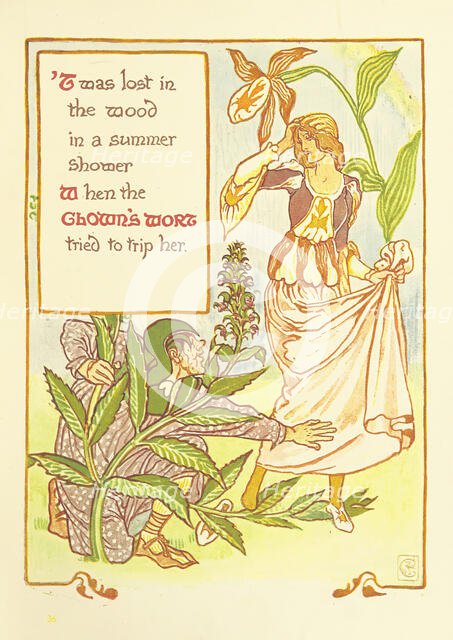 'Twas lost in the wood in a summer shower When the Clown's Wort tried to trip her, 1899.  Creator: Walter Crane.