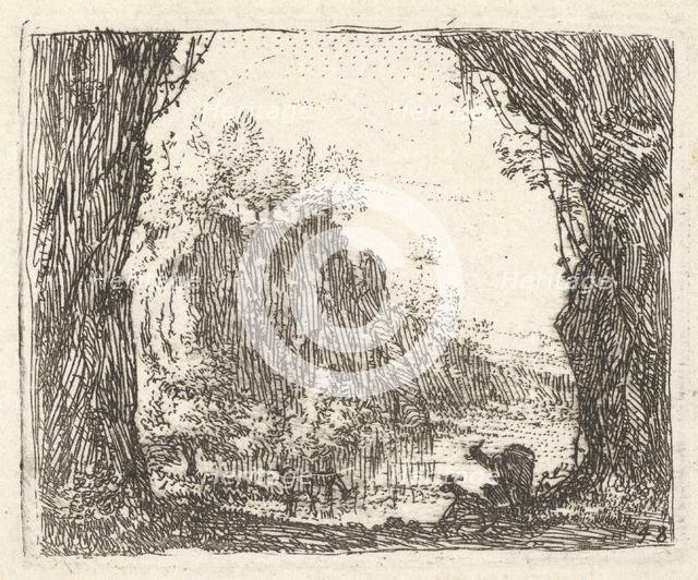 Landscape flanked by trees in the left and right foreground, silhouettes of two goa..., ca. 1641-78. Creator: Karel Du Jardin.