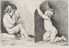 Two nude children eating grapes; from New Book of Children, 1720-60. Creator: Pierre Alexandre Aveline.