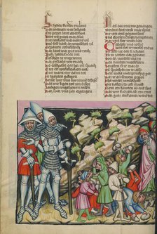 The Israelites' Fear of the Giants: The Israelites Stoning the Spies; Weltchronik, about 1400-1410. Creator: Unknown.