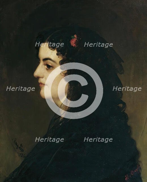 Lady in profile with veil and carnation, 1860. Creator: Heinrich von Angeli.