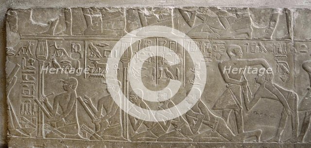 Relief depicting scribes, Mastaba of Mereruka, Saqqara, Egypt, Old Kingdom, 2340 BC (2003). Creator: Unknown.